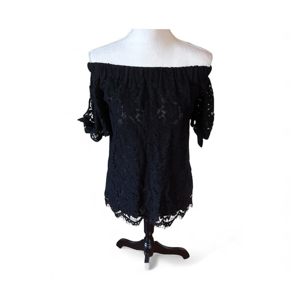 NEW Lulus Black Lace Off The Shoulder Top Sz Small Romantic Bardot Floral Dressy - Picture 2 of 10